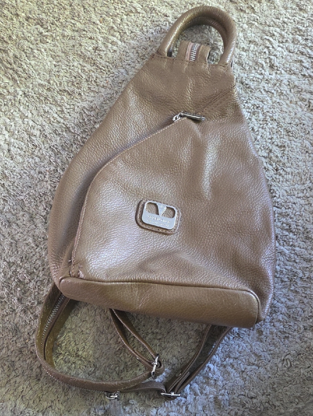 Valentina Italy  pebbled leather convertible sling backpack Taupe